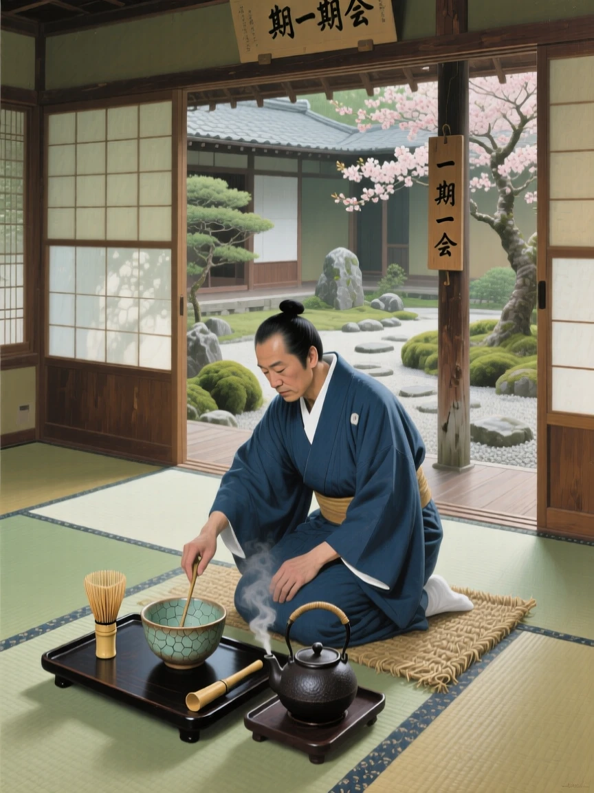 A traditional Japanese tea ceremony performed in a quiet garden pavilion, with authentic textures and materials true to the historical period, bringing a vivid, immersive moment of history to life