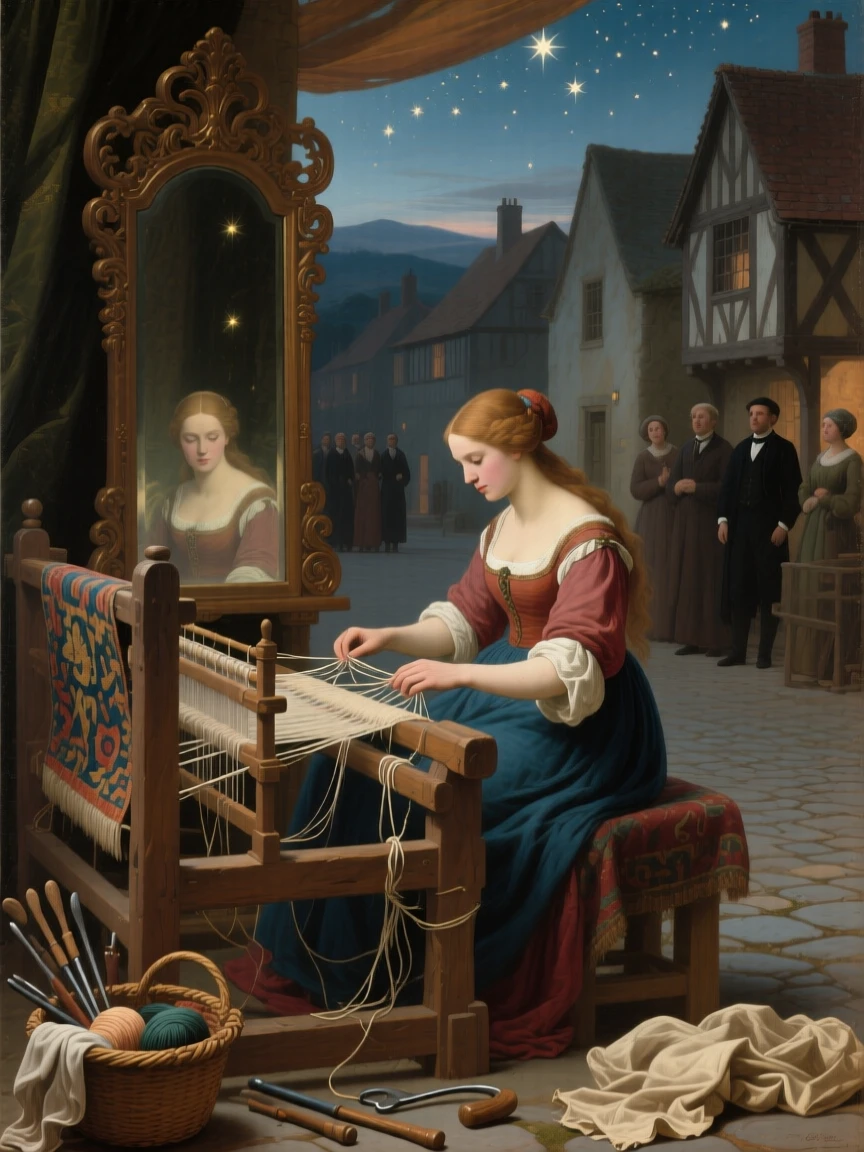 The lady of Shalott weaving at her loom before a fateful mirror as the audience holds its breath in anticipation, set beneath a canopy of stars over a sleepy village square, with an old wooden loom, tangled threads, and a half-finished tapestry; foreground props hint at the tale without overwhelming the central figure, evoking nostalgia, wonder, and the timeless magic of storytelling.
