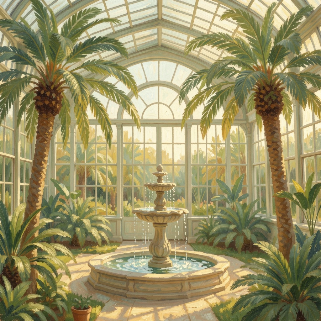 A grand glass conservatory filled with exotic palms and a fountain at its center, sunlight streaming through the panes, evoking a sense of peace and quiet wonder.