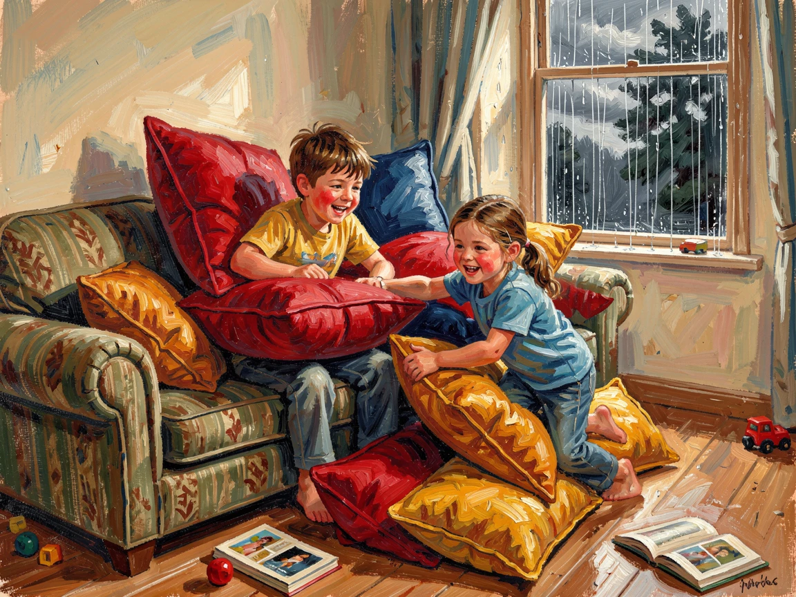 Children building a fort from couch cushions on a rainy afternoon indoors.