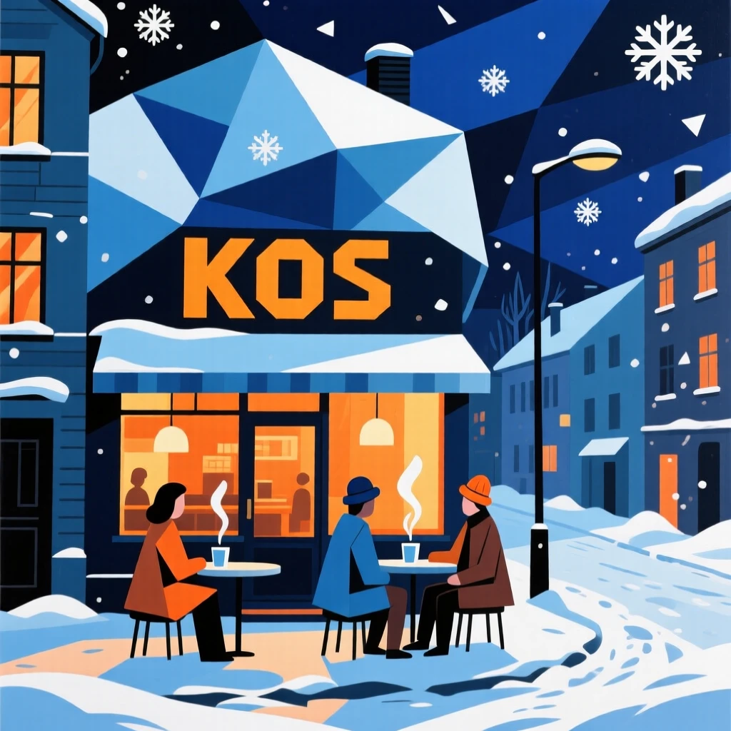A cozy Nordic street café glowing warmly against a snowy winter evening.