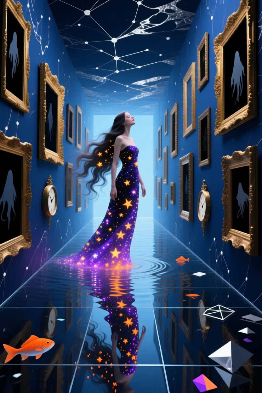 A woman whose hair flows into a river of stars drifts through a corridor lined with empty picture frames, as the ground beneath them slowly turns to still water.
