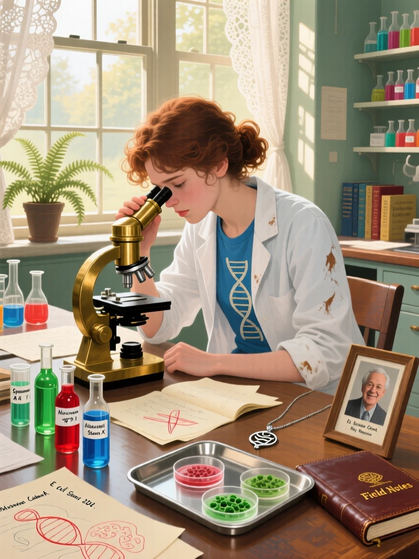 A young scientist peers intently through a microscope in a sunlit laboratory, notes scattered across the desk beside colorful sample vials, small personal details in their clothing and surroundings hinting at their story.
