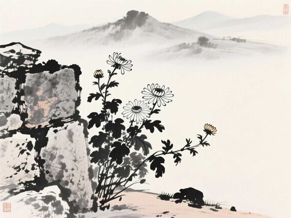 A cluster of chrysanthemums grows beside a rustic stone wall, with distant mountains softened by afternoon haze.