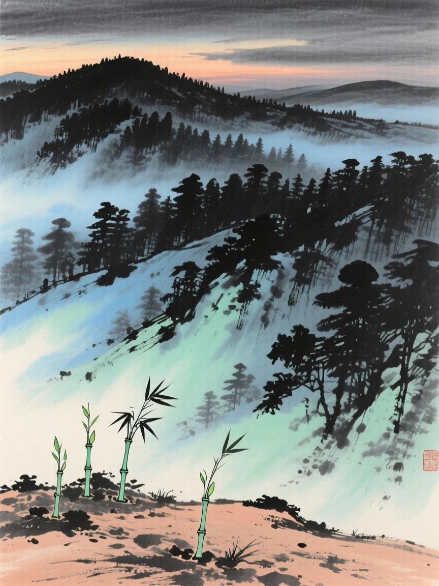 A mist-covered ridge line at the edge of a vast forest, at dusk, as new bamboo shoots break through the soil.
