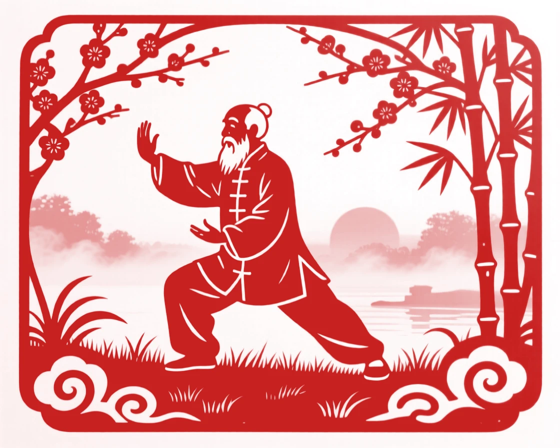 An old man practicing tai chi in a quiet park at dawn, mist rising gently from the grass around him