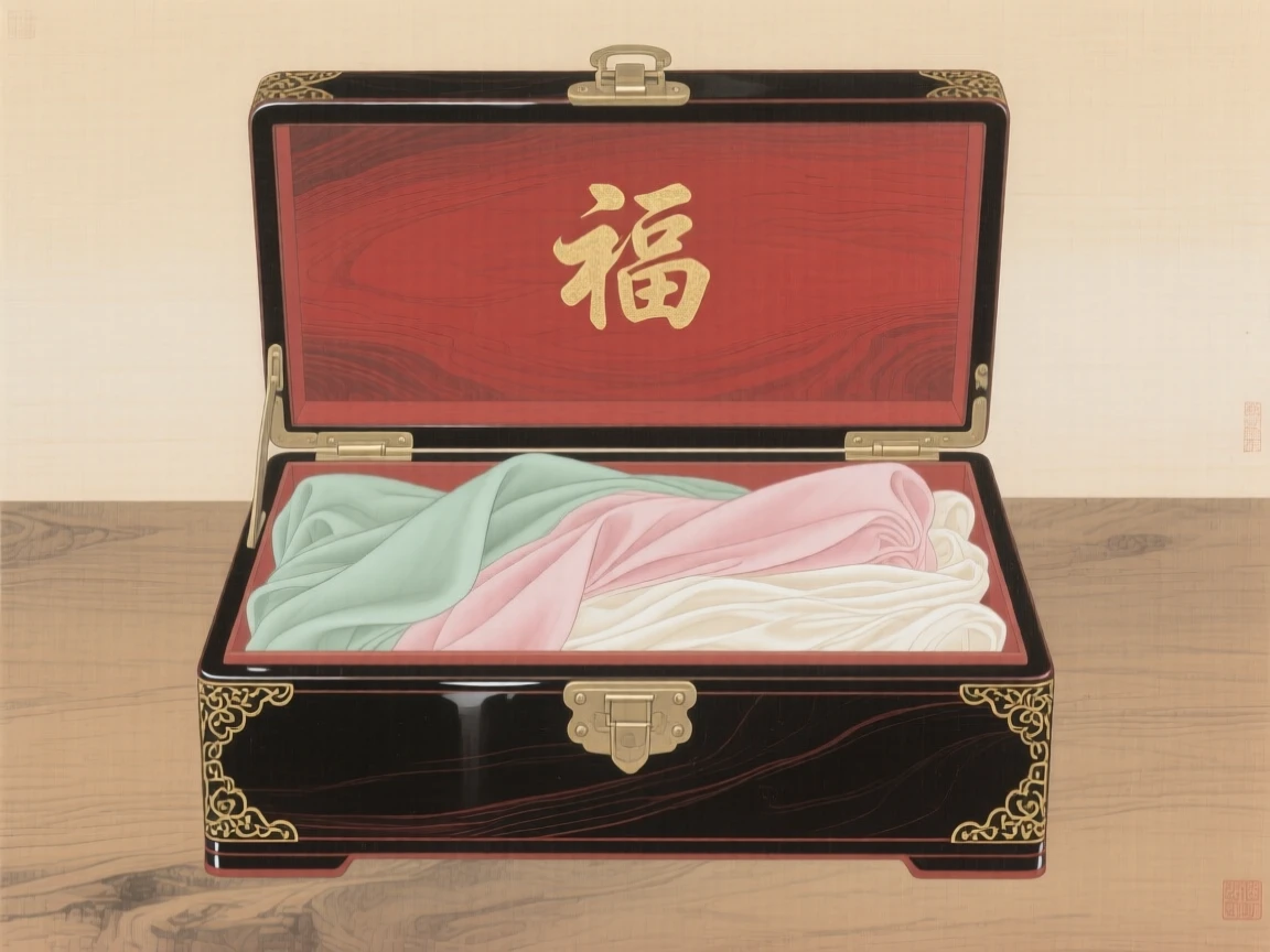 A lacquered box open to reveal folded silk fabric