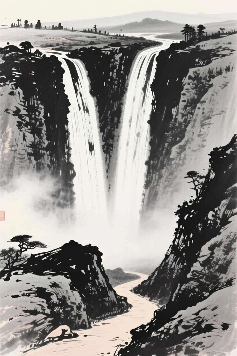Twin waterfalls plunging side by side into a rocky basin as thin mist rolls slowly through the lower valley, captured from a narrow path winding into the depth of the scene, evoking a deep sense of solitude and quiet grandeur.