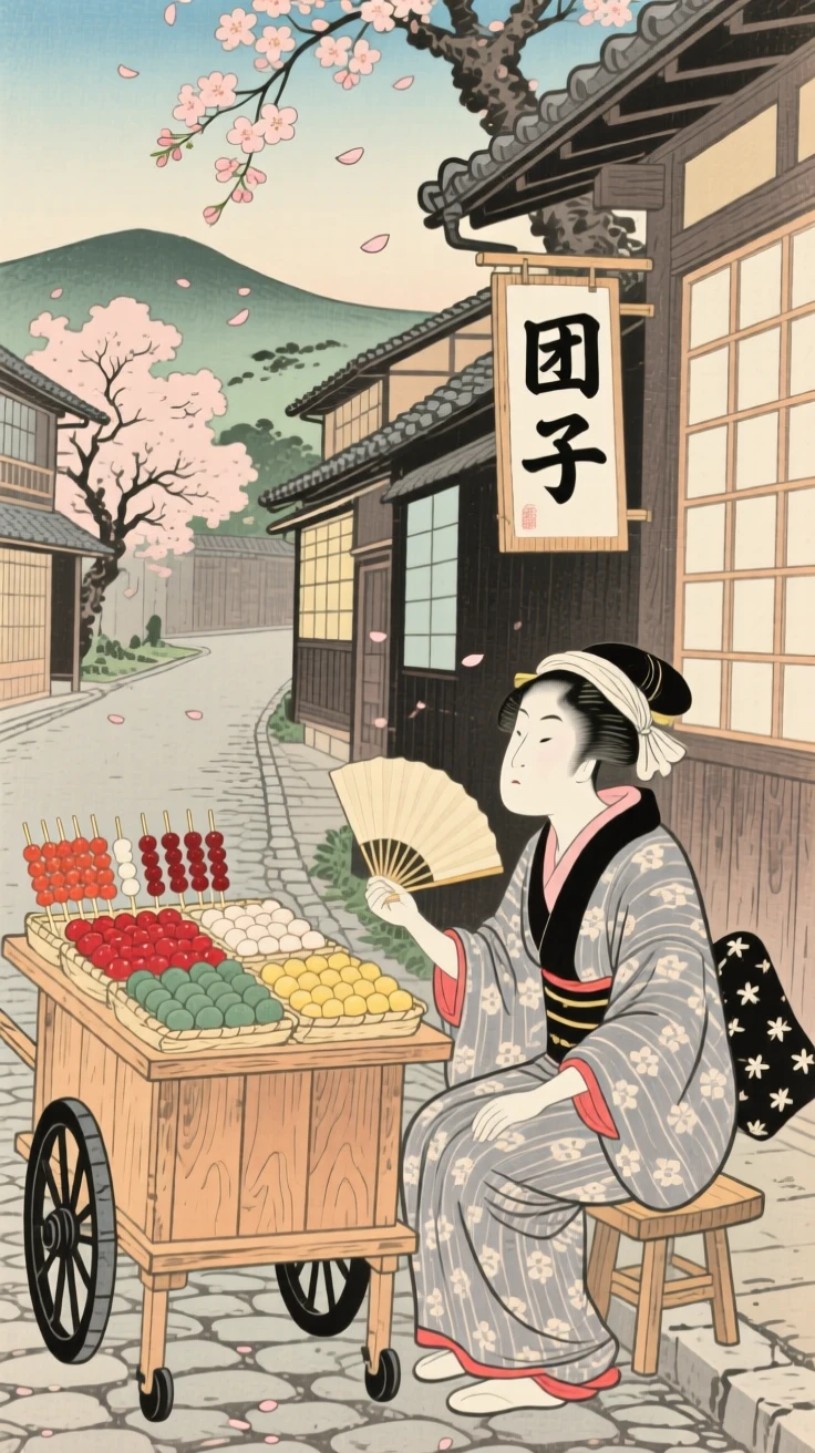 A street food vendor resting beside a cart on a quiet side street.