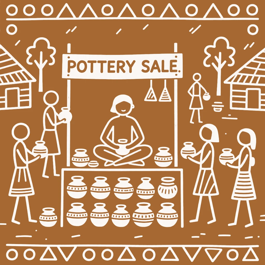 A potter selling goods at a bustling village market.