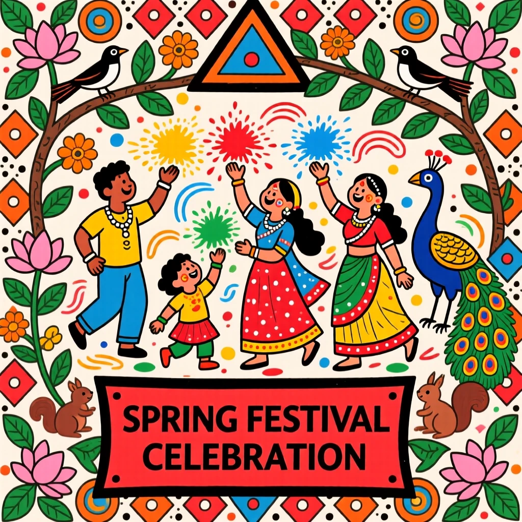 Villagers celebrating the spring festival with colored powders and laughter.