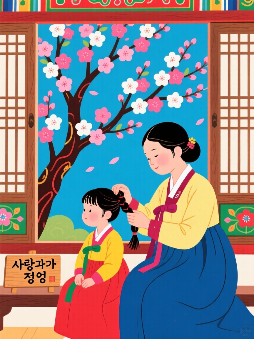 A mother braiding her daughter's hair by a window beside a blossoming cherry tree.