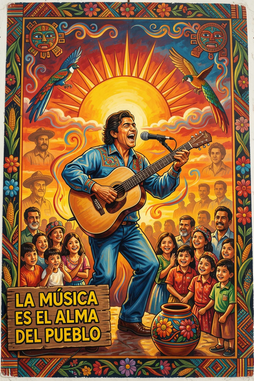 A folk singer performing with an acoustic guitar at sunset