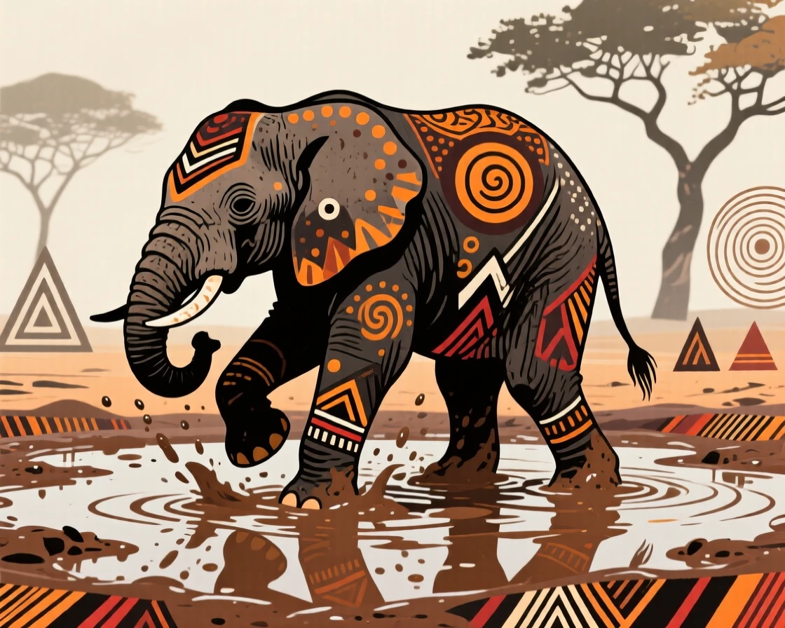 A young elephant playing in a mud puddle.