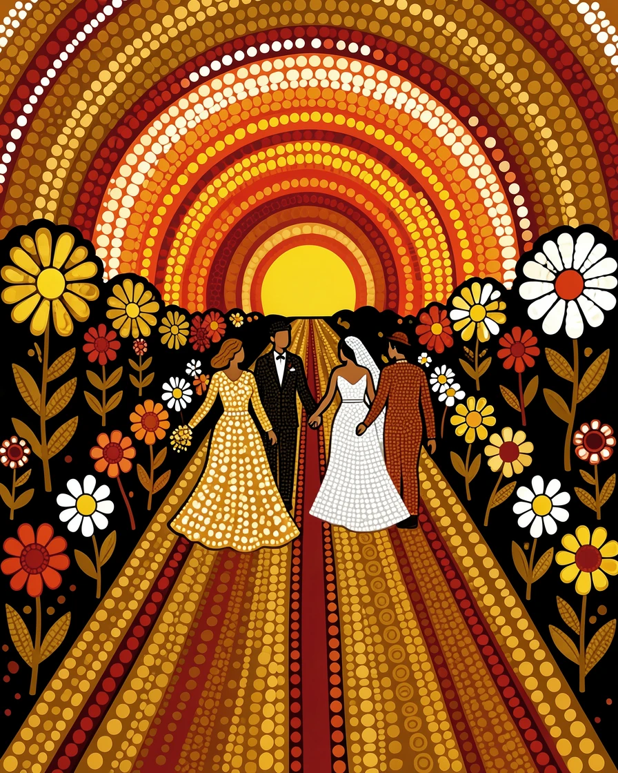 A wedding procession through a flower-lined street at sunrise