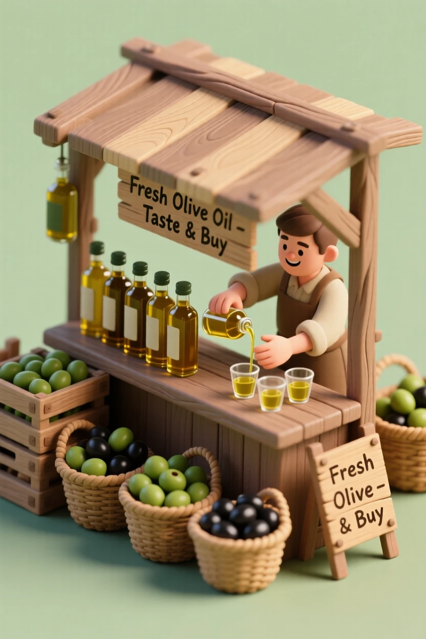A rustic olive oil market stall with amber bottles lined on wooden crates, olives piled in baskets, and a vendor pouring samples.