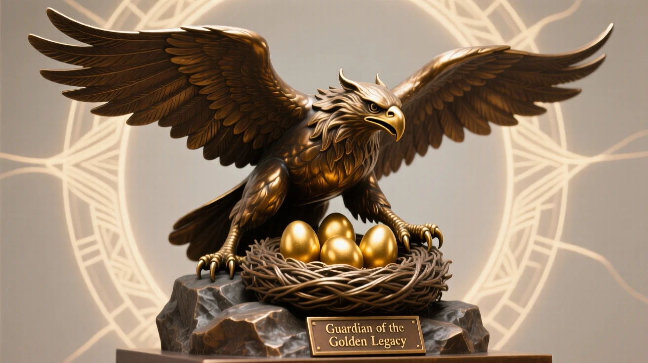 A griffin protecting its nest of golden eggs, with an aura of ancient power, radiating awe and grandeur