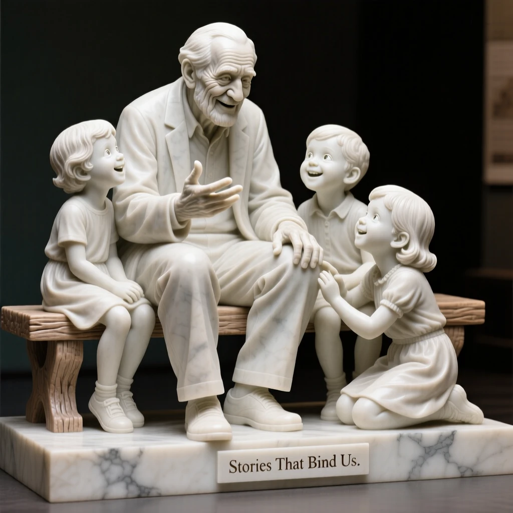 A joyful scene of a grandfather telling stories to wide-eyed grandchildren, capturing warmth, togetherness, and belonging