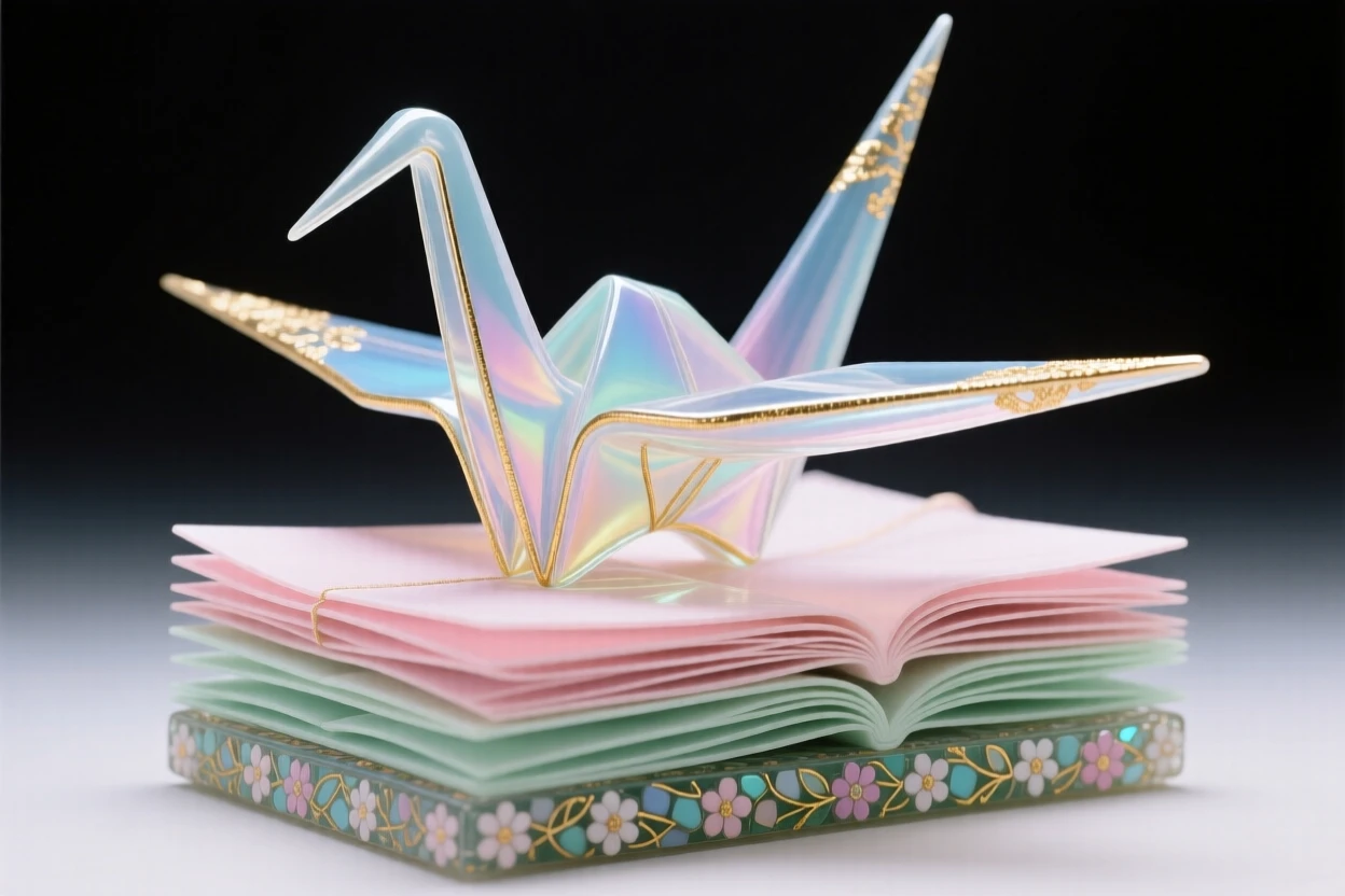 A delicate paper crane resting atop a stack of folded origami, symbolic and peaceful.