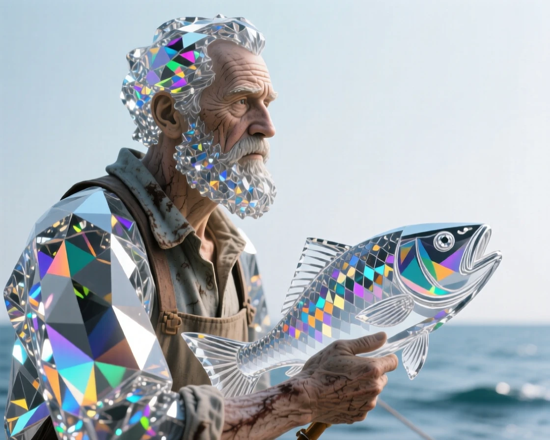 A weathered fisherman gazing out at the sea, deep lines of experience etched into his face.