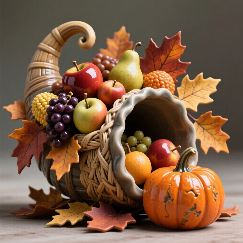 A harvest cornucopia spilling over with fruit captured mid-celebration with joyful energy, framed by autumn leaves in warm hues, radiating cheerful holiday spirit.