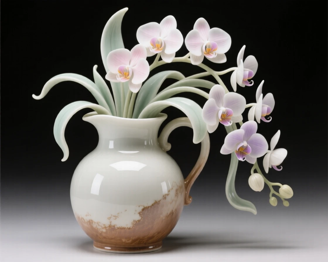 A lush arrangement of orchids in a rustic pitcher, arranged in a graceful cascading style.