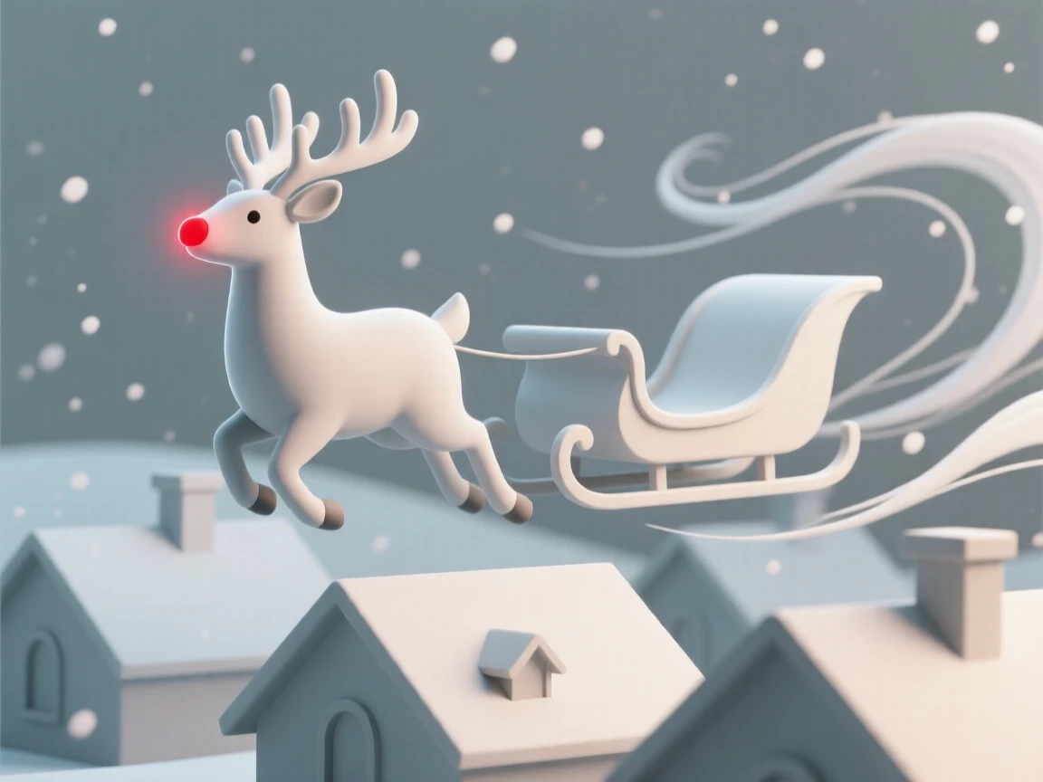 A gentle reindeer with a glowing red nose leads a sleigh through a swirling snowstorm above sleeping rooftops.
