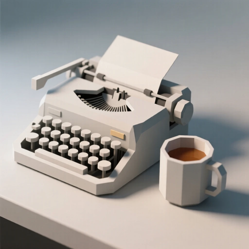 A vintage typewriter beside a cup of tea, surrounded by soft shadows. muted tones give the scene a timeless quality. There is a calm, contemplative stillness.