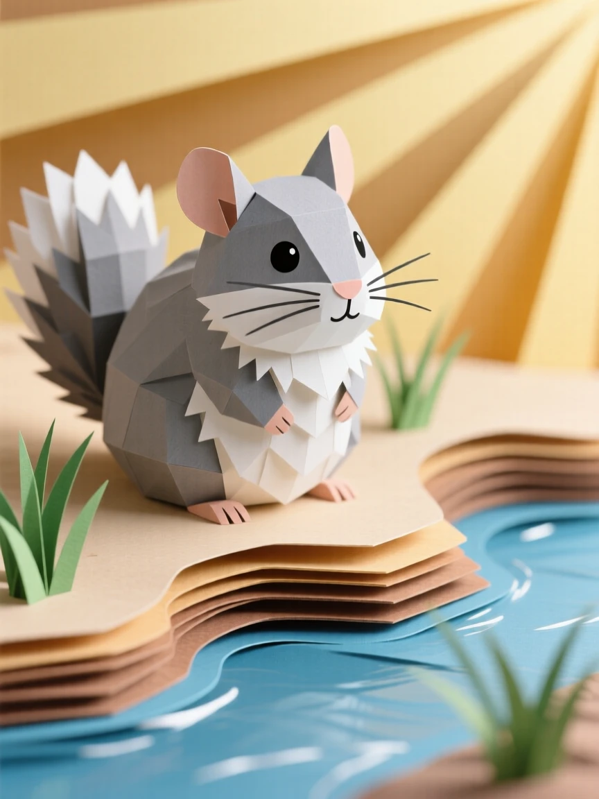 A fluffy chinchilla basking on a warm riverbank, with soft golden light catching its fur, capturing playful joy and warmth.