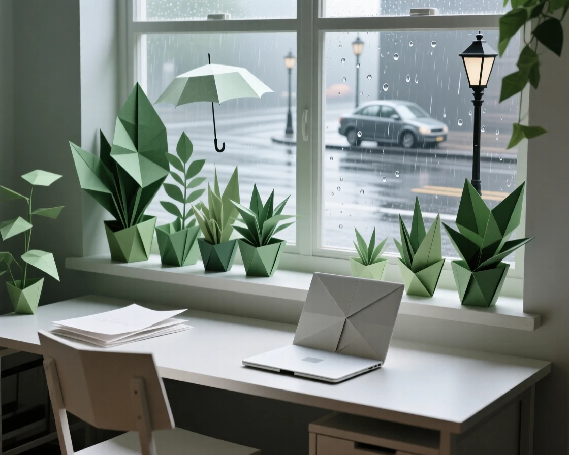 A quiet home office with a plant-filled windowsill overlooking a rainy street.