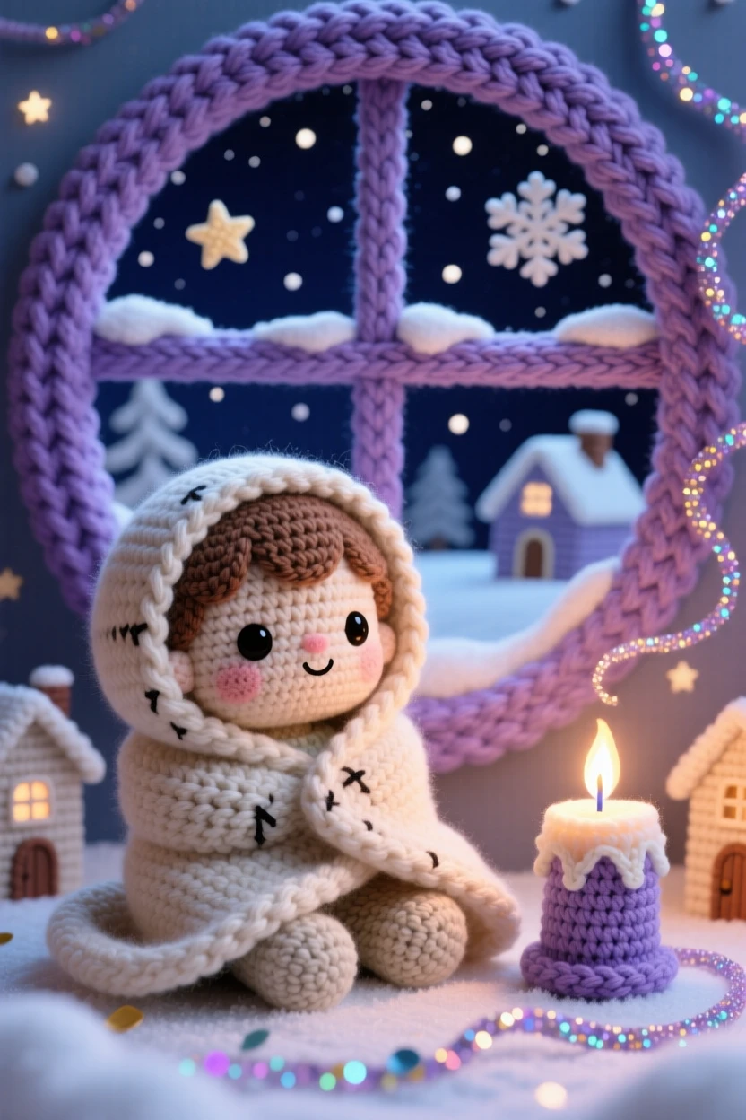 a small child wrapped in a soft blanket by candlelight, for a quiet winter evening, watching snow fall outside the window, set in a starry night sky above a quiet neighborhood, with a trail of glittering confetti, full of quiet, comforting seasonal tradition.