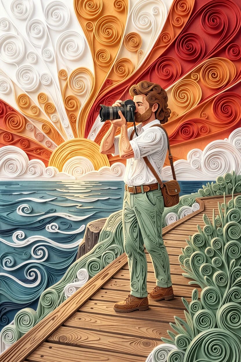 A relaxed modern lifestyle scene of a photographer capturing a sunset from a cliffside along a scenic coastal boardwalk, in a fresh palette of white, sage green, and warm wood tones, framed from a casual eye-level perspective.