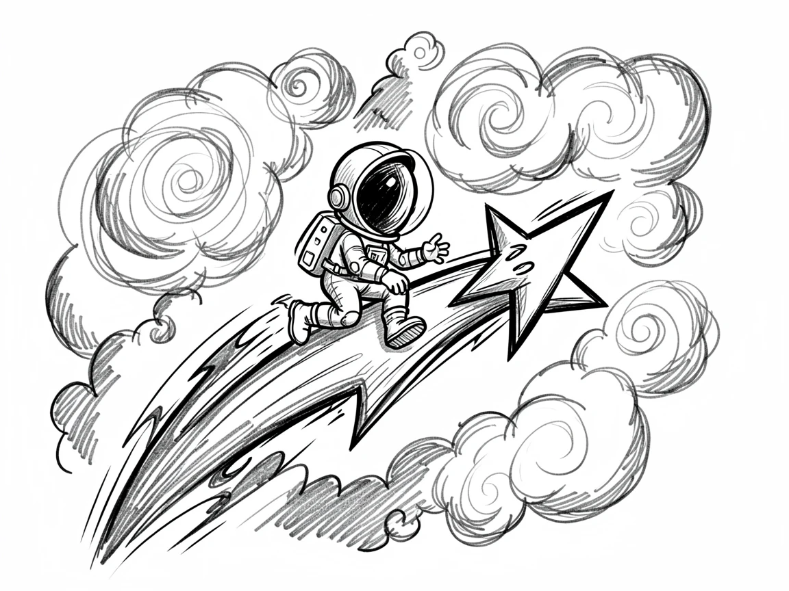 A tiny astronaut riding a shooting star against a backdrop of swirling nebula clouds.