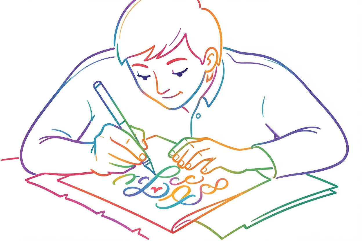 A calligrapher carefully inking elegant letters onto handmade paper.