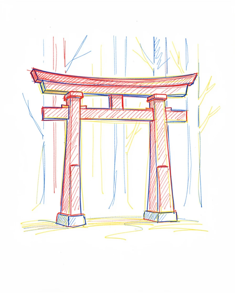 A traditional wooden shrine gate standing at a forest's edge