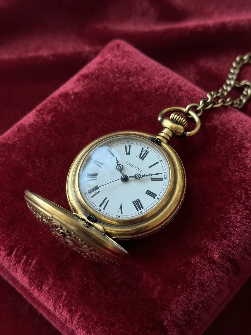 An antique pocket watch resting on a velvet cushion