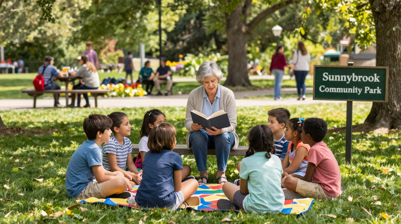 A retired librarian reads aloud to a circle of children at a public park.