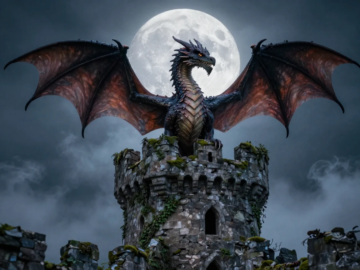 A dragon perched atop a crumbling castle tower, wings spread against the moon