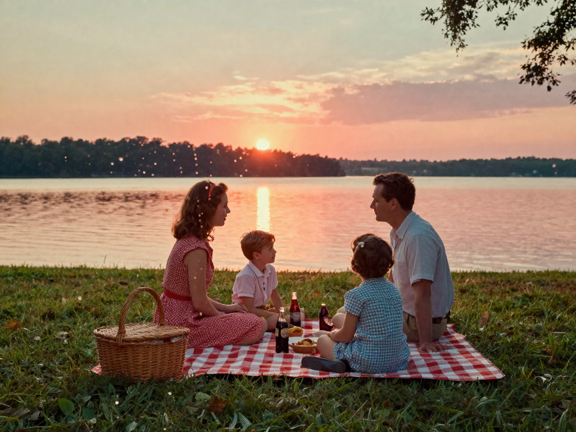 A family enjoying a picnic beside a sun-drenched lake, under a glowing sunset sky, in still, windless air, in summer, in vivid coral and turquoise hues, through a rain-streaked window.