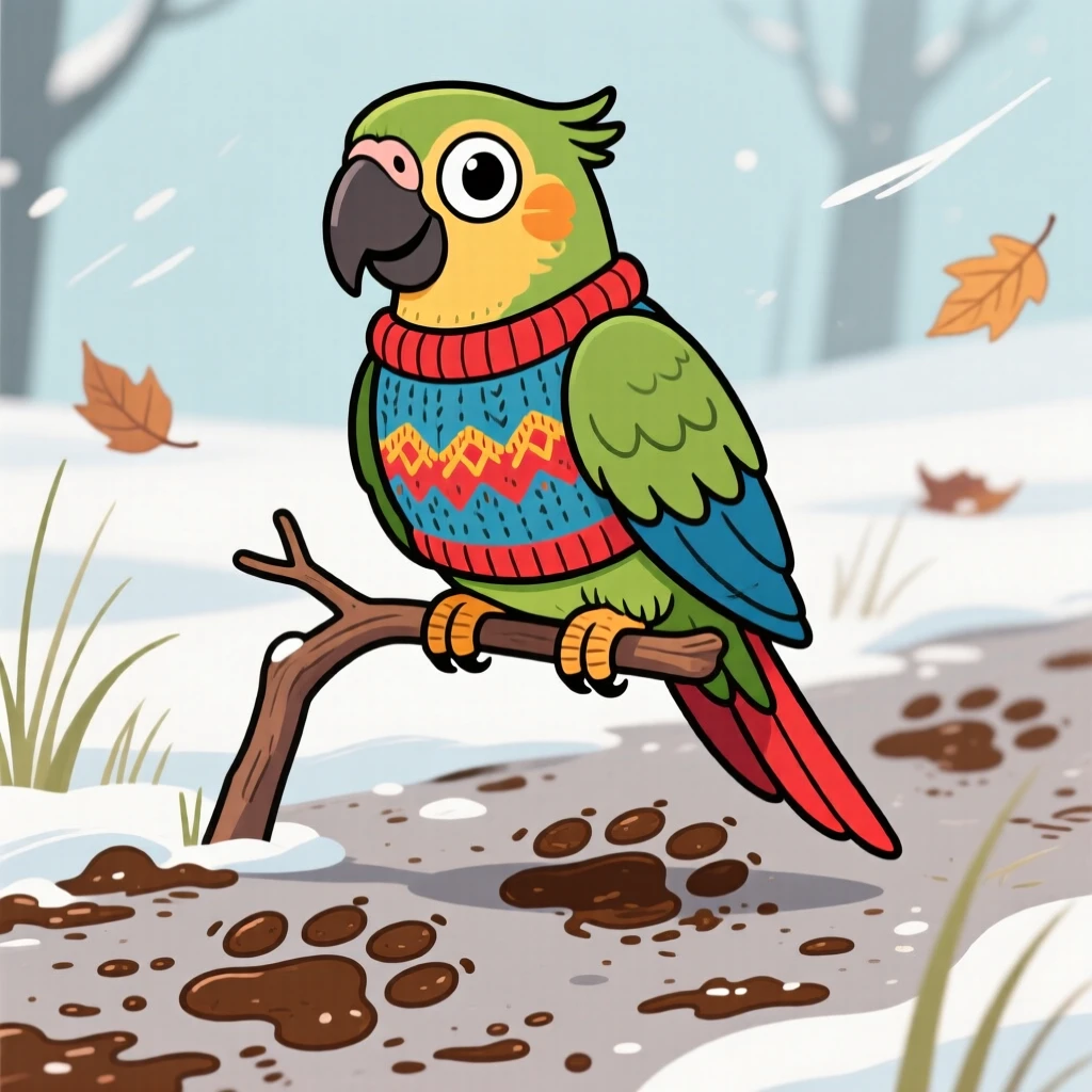 A playful pet moment featuring a majestic parrot wearing a tiny knitted sweater on a chilly walk, with muddy paw prints trailing behind.