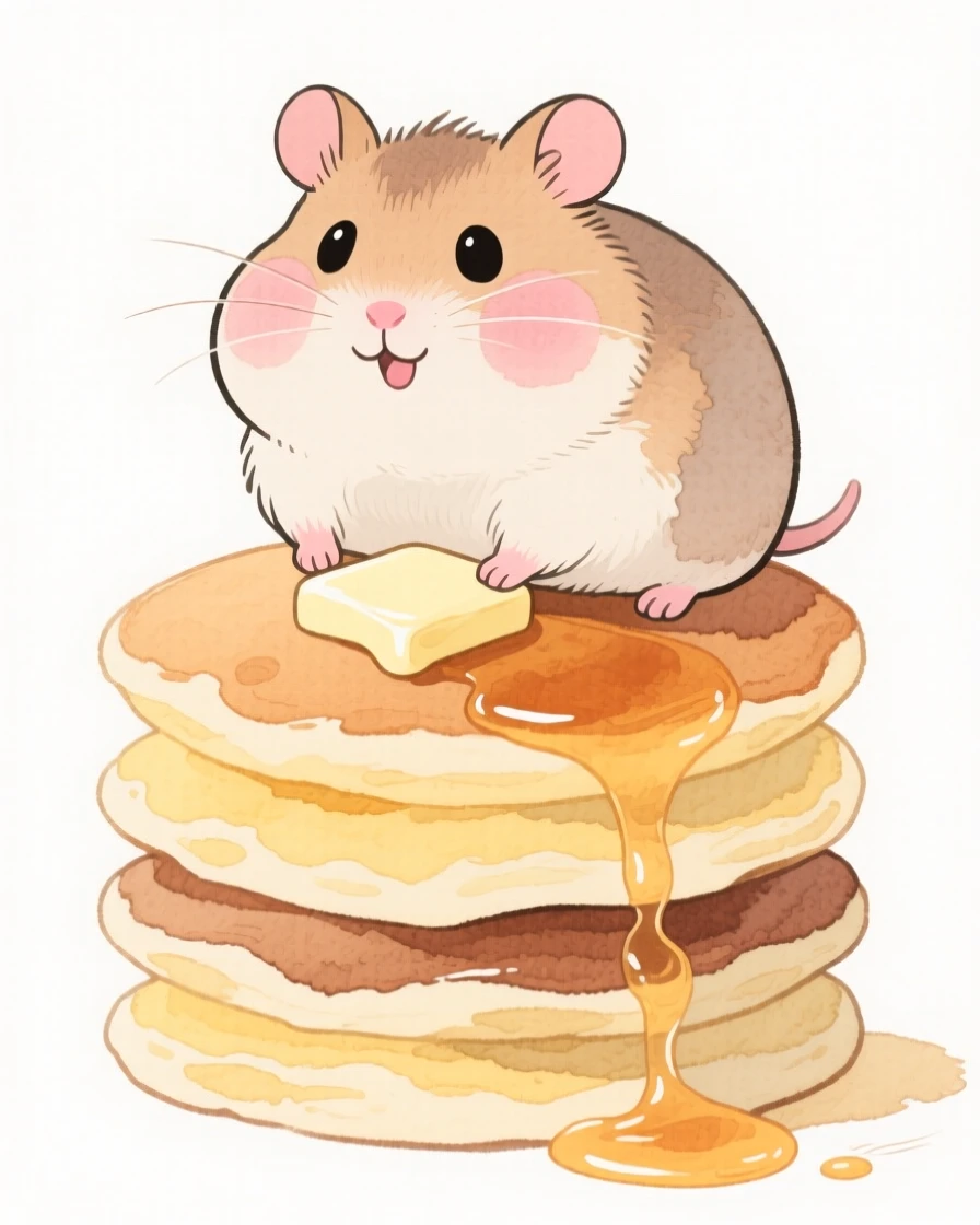 A chubby hamster perched on a stack of pancakes