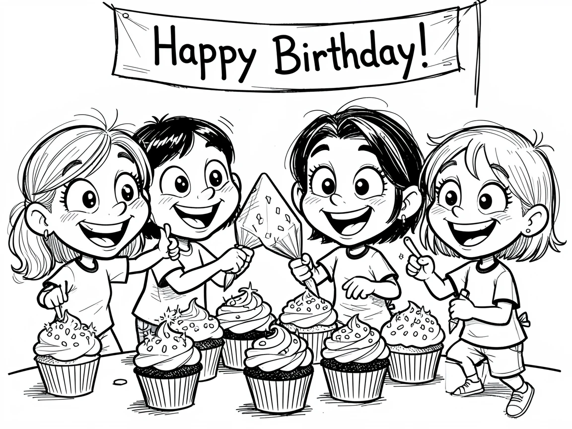 [Seasonal Holidays & Celebrations] Festive scene of children decorating cupcakes together for a birthday party, full of celebration and joy