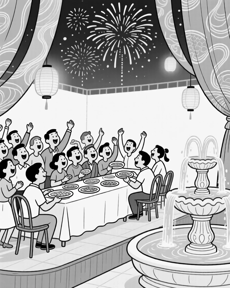 A crowd cheering as fireworks bloom overhead, passing dishes around with warm, animated chatter, set on a stage framed by vibrant silk banners. Soft lantern light reflects off a nearby fountain. The image feels like a snapshot of pure, collective happiness.