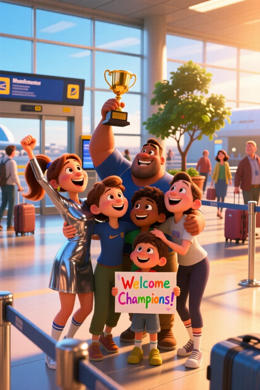 A team celebrating together after a big win unfolds at a bustling airport arrivals gate, with a gentle breeze rustling nearby leaves. A wave of relief and celebration washes over everyone present.