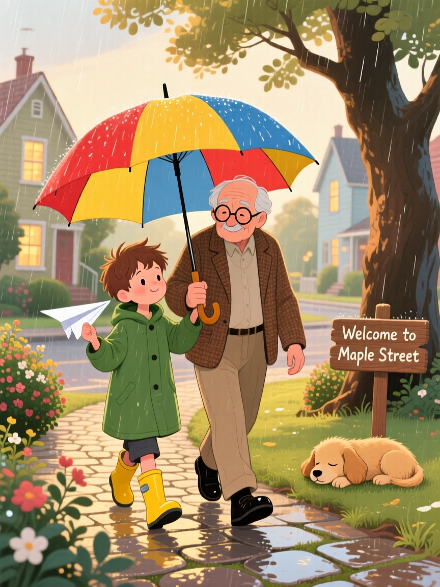 A boy with a paper airplane and his grandfather are walking home together under one umbrella, while a puppy dozes nearby.