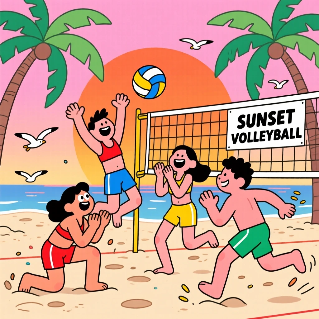 A group of friends playing beach volleyball at sunset.