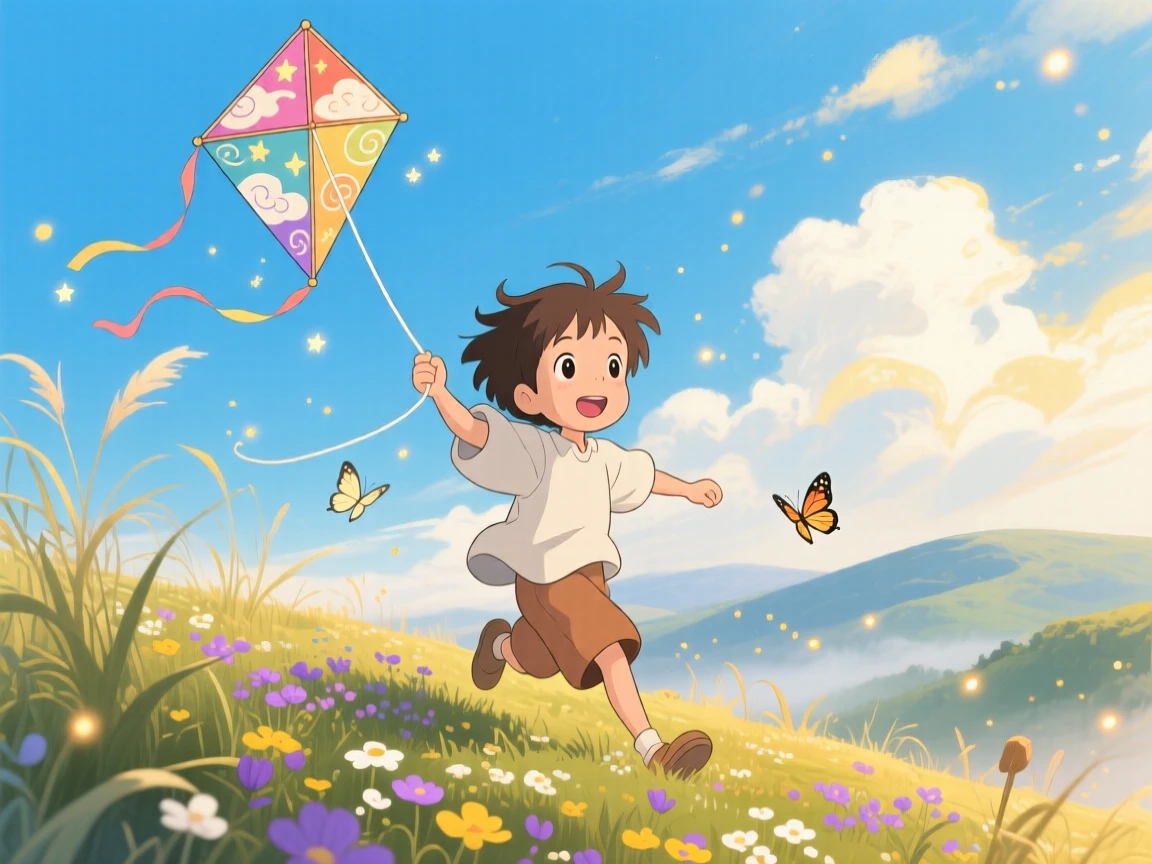 A boy flying a kite on a windy hilltop, the moment bright with youthful wonder.