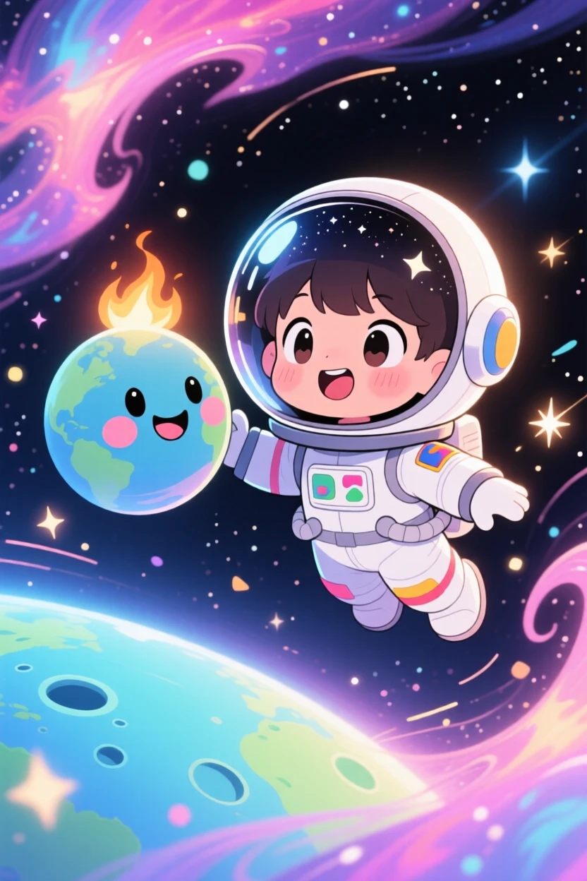 A small astronaut child floating weightlessly beside a smiling planet, framed as an extreme close-up within outer space with swirling nebulae, during a light summer breeze, glowing under cozy firelight, evoking gentle surprise.