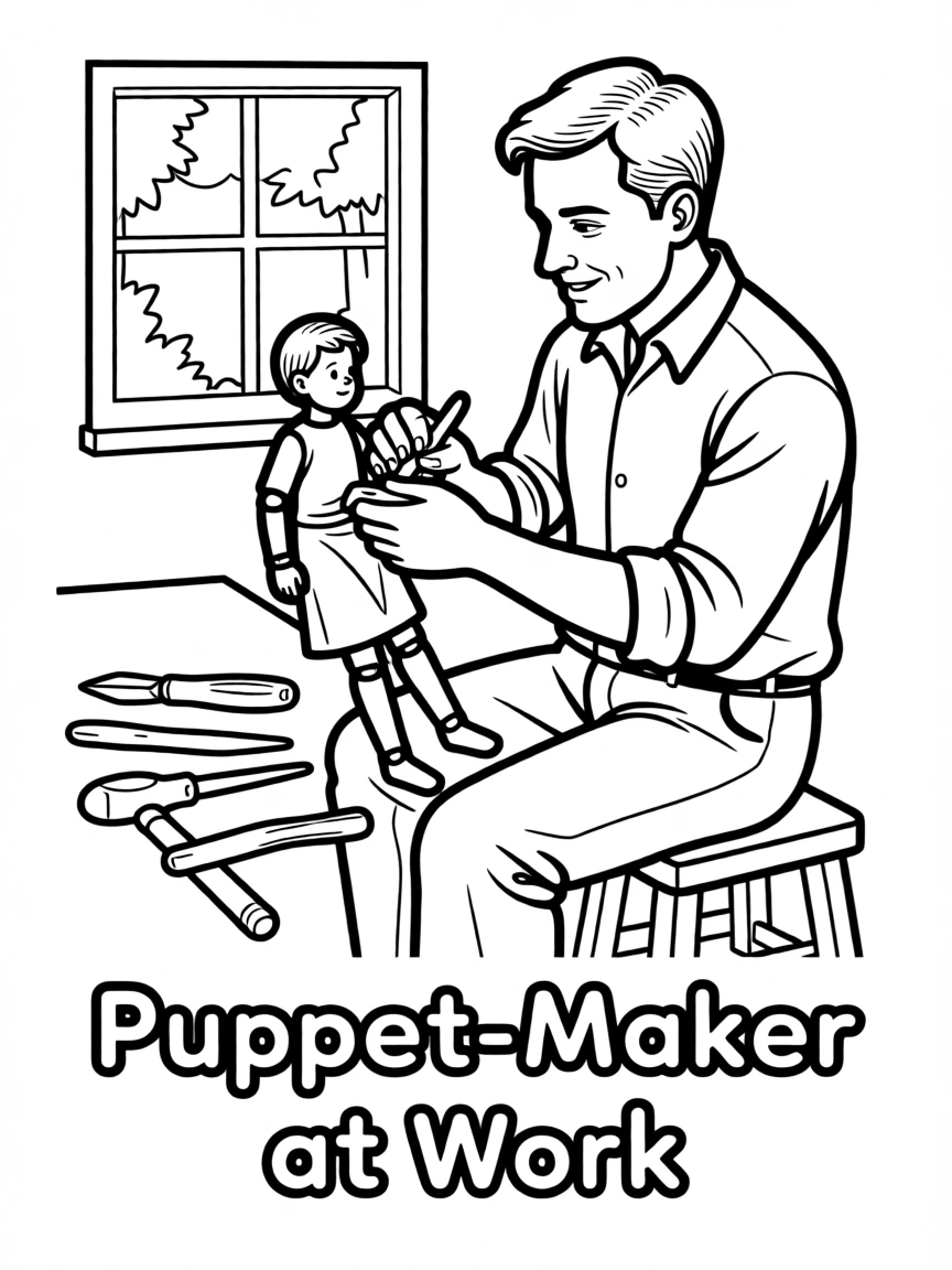 A puppet-maker carving a wooden marionette