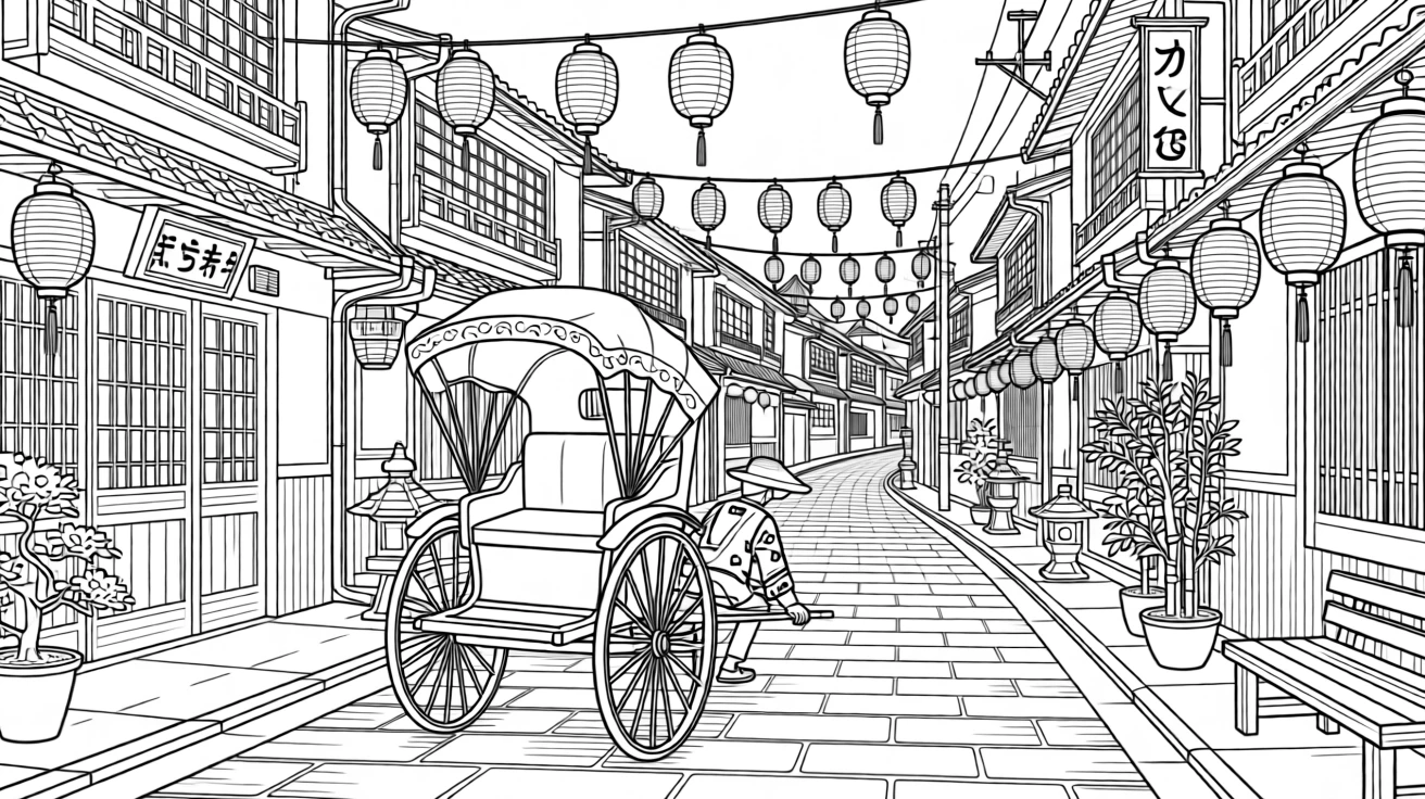 A rickshaw navigating a lantern-lit street in an old Japanese town.